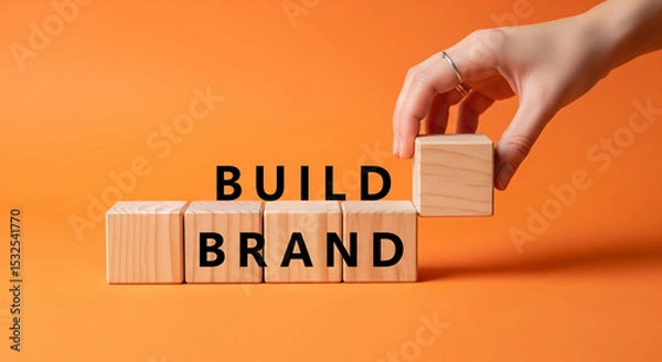 Obraz Wooden blocks spelling "Build Brand" on orange background A hand places the final block, showcasing brand building concept