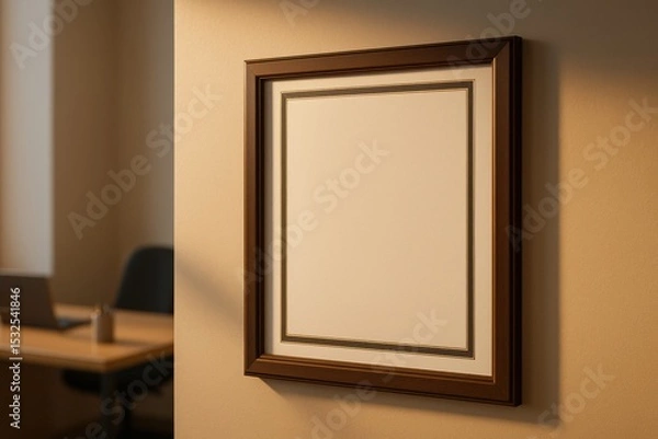 Fototapeta Blank picture frame hanging wall office setting with warm lighting