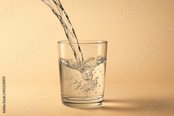 Fototapeta Clear water being poured into glass, creating bubbles and ripples