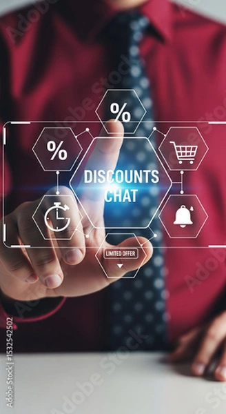 Obraz Hand interacts with digital interface showcasing discounts chat, percentage symbols, timer, shopping cart, and notification bell, symbolizing online shopping deals and communication