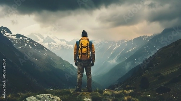 Obraz Vibrant imagery evoking an adventurous mood, featuring a hiker trekking through mountain trails with a backpack, a rock climber scaling a cliff, and a cyclist navigating a forest path under a dramatic