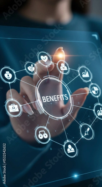 Obraz Hand interacts with digital interface, showcasing interconnected benefits icons, representing company advantages, employee perks, or consumer value proposition