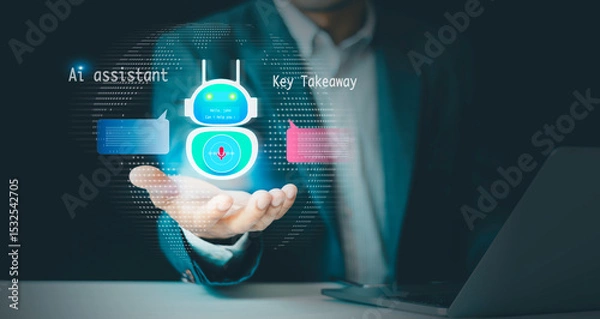 Obraz AI assistant interaction concept. User interacting with virtual  AI agents, Key Takeaway, icons for voice, text, image, video generation,  productivity tools, chatbot, intelligence communication