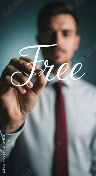 Obraz Blurred businessman writing "Free" on glass, symbolizing opportunity, accessibility, or cost-free access to services or products Free space for text