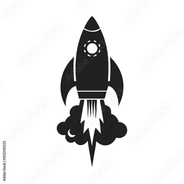 Obraz Black rocket icon with flames launching upward, representing startup, innovation or space mission. Tech branding, science project, growth metaphor concept