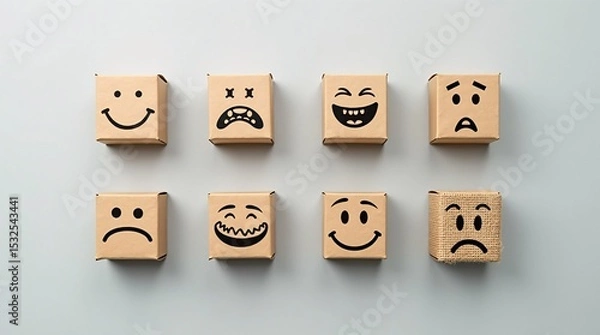 Obraz Emotions on Display: An array of cardboard boxes each depicts a unique and expressive emotion, offering a visual exploration of human feelings and states of mind.