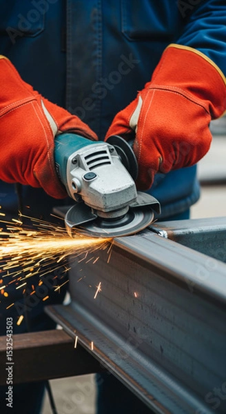 Obraz Close-up of worker's hands using grinder on metal beam, sparks flying.  Shows industrial work, precision, and craftsmanship.