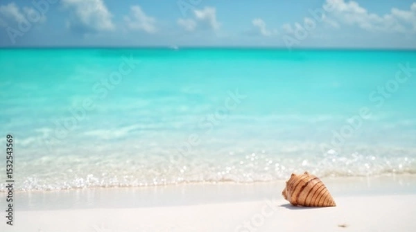 Fototapeta Shell on the Shore: A lone seashell rests serenely on the soft, sandy shore, against a backdrop of the crystal-clear turquoise ocean and azure sky, embodying the peace of a sun-kissed beach.