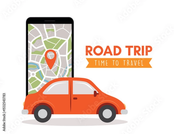 Obraz road trip travel concept with car and street map in smartphone vector illustration