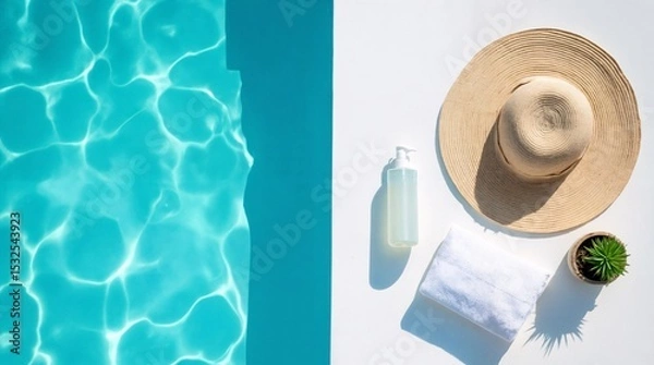 Fototapeta Serene poolside relaxation: A captivating view of a pool, accompanied by a straw hat, skincare product, a towel, and a small plant. It evokes the feeling of calmness, leisure.
