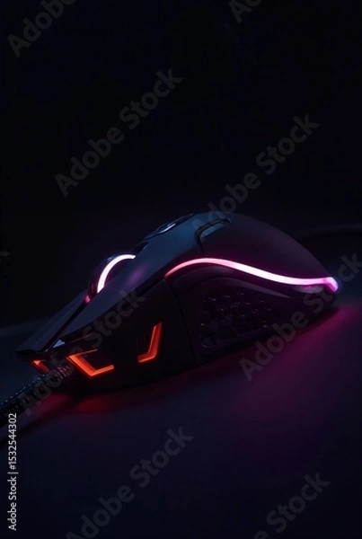 Fototapeta Gaming Mouse Illuminated: A close-up shot of a sleek gaming mouse with glowing illumination against a backdrop, offering a glimpse into the world of digital gaming.