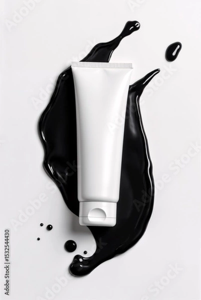 Fototapeta Cosmetic Cream: A sleek, white cosmetic tube rests amidst a dramatic black liquid splash, symbolizing beauty and purity, this image can enhance beauty related project.
