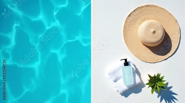 Fototapeta Cool Summer Essentials: A sun hat, towel, sunscreen, and plant beside the refreshing and inviting cool blue water of a pool, capturing the essence of a perfect sunny day. 