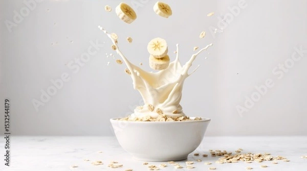 Fototapeta Oatmeal with Banana Splash: Creamy oatmeal with fresh banana slices, captured in a dynamic splash, showcasing a healthy and delicious breakfast option.