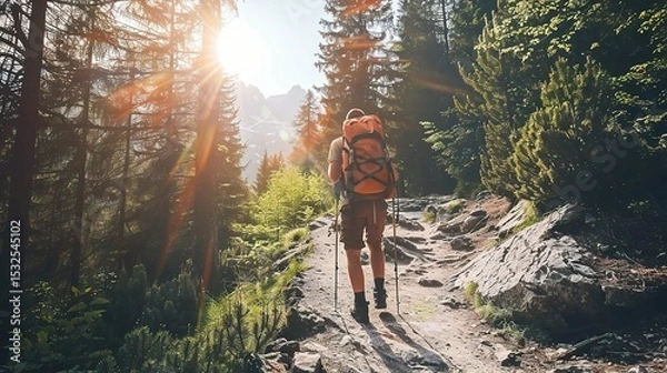 Obraz Vibrant imagery evoking an adventurous mood, featuring a hiker trekking through mountain trails with a backpack, a rock climber scaling a cliff, and a cyclist navigating a forest path under a dramatic