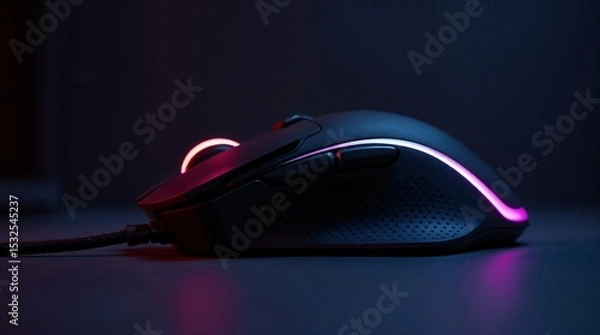 Fototapeta Gaming Mouse in Neon Ambiance: A sleek, modern gaming mouse is illuminated by vibrant neon lights, showcasing its ergonomic design and advanced features in a captivating, moody atmosphere.