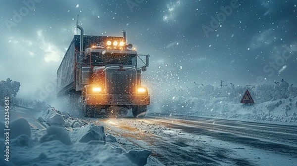 Fototapeta Semi-truck Navigates Snowy Highway During Blizzard With Caution Triangle Visible Generative AI