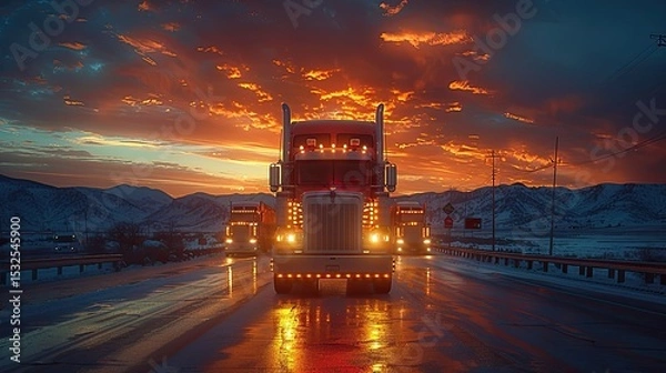 Obraz Polished Convoy of Semi-Trucks Approaches Bridge at Sunset on Open Highway Generative AI