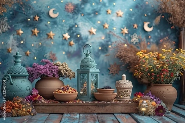 Obraz Elegant Handcrafted Clay Bowls and Lanterns With Colorful Flowers for Ramadan Generative AI