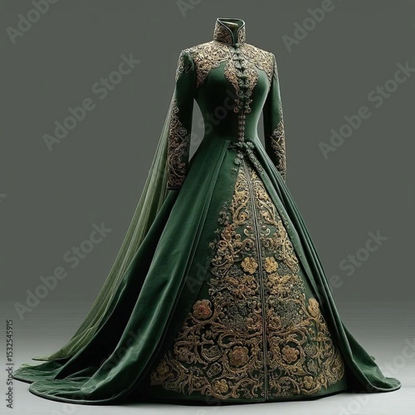 Obraz Regal Deep Forest Green Velvet Gown With Intricate Embroidery and Floral Motifs Generative AI