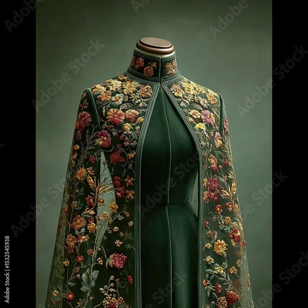 Obraz Regal Deep Forest Green Velvet Gown With Intricate Embroidery and Oversized Cape Generative AI