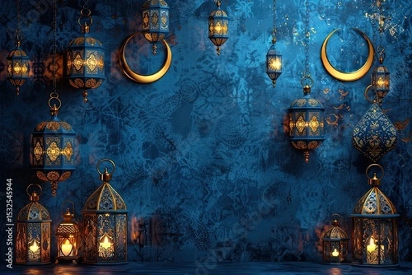 Fototapeta Richly Detailed Ramadan Poster Design With Geometric Patterns and Lanterns Generative AI