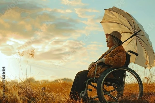 Obraz Joyful Senior Woman Sails Through Countryside With Umbrella in Breezy Field Generative AI