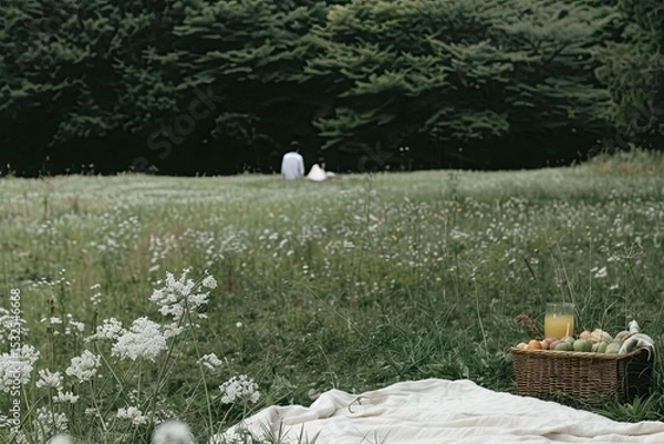 Obraz Cozy Summer Picnic in a Scenic Meadow With a Young Couple Enjoying Nature Generative AI