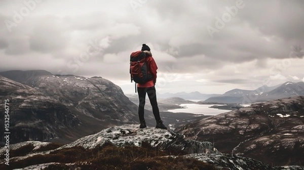 Obraz Vibrant imagery evoking an adventurous mood, featuring a hiker trekking through mountain trails with a backpack, a rock climber scaling a cliff, and a cyclist navigating a forest path under a dramatic