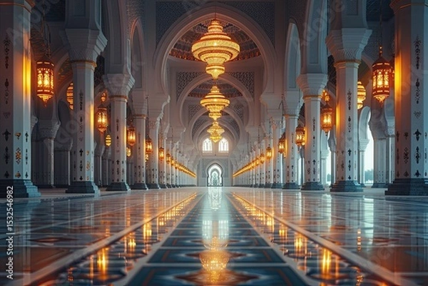 Obraz Elegant Mosque Corridor Illuminated by Lanterns Creates a Serene Ramadan Atmosphere Generative AI