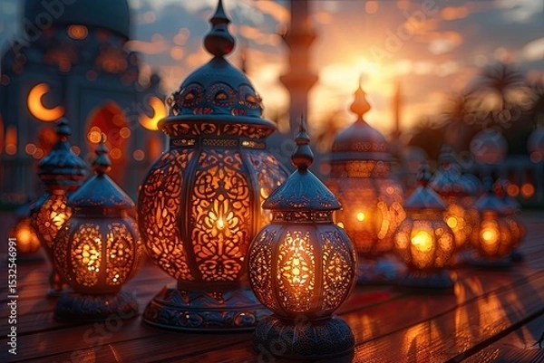 Obraz Ornate Carved Ramadan Lanterns Casting Intricate Light Patterns at Sunset Generative AI
