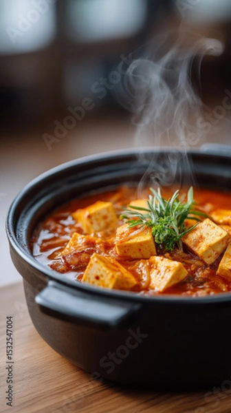 Fototapeta Kimchi jjigae bubbling steaming hot korean stew with tofu and vegetables