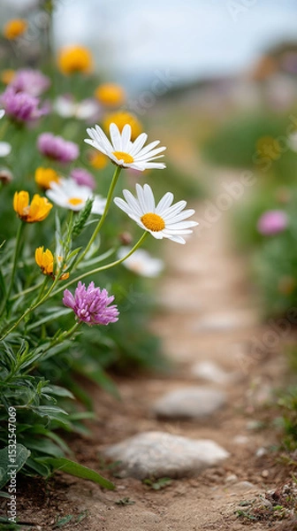 Fototapeta Tranquil meadow pathway surrounded by blooming flowers in a serene landscape
