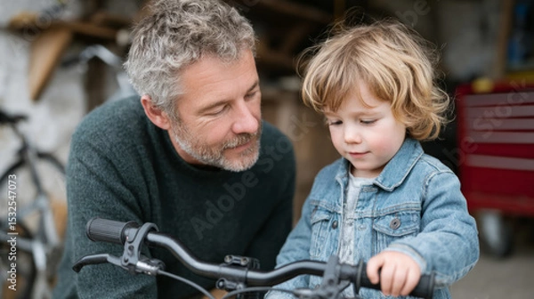 Fototapeta Parent teaching child bicycle skills in garage setting for bonding and learning