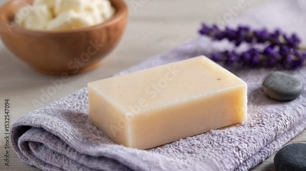 Fototapeta Spa Day Essentials: A luxurious bar of handmade soap rests gently on a soft purple towel, accompanied by a small bowl of rich cream and a sprig of fragrant lavender.