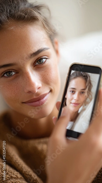 Fototapeta Connection and emotion: hand touching screen with loved one's portrait, depicting human connection and technology