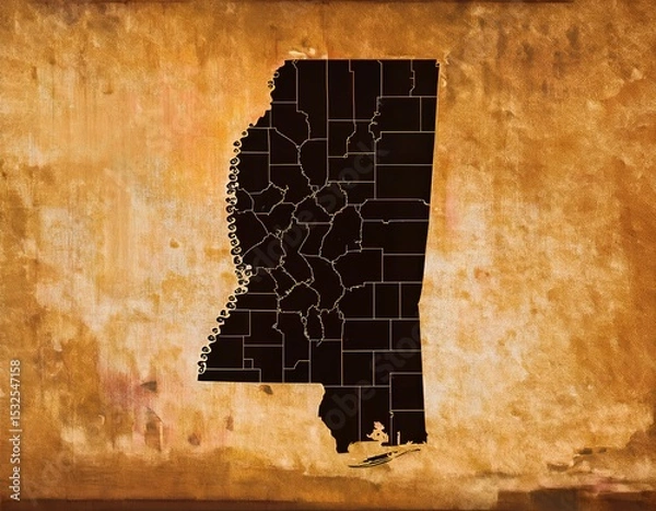 Fototapeta silhouette of the state of Mississippi against a textured, aged background. The state shape is filled in black, providing a stark contrast.