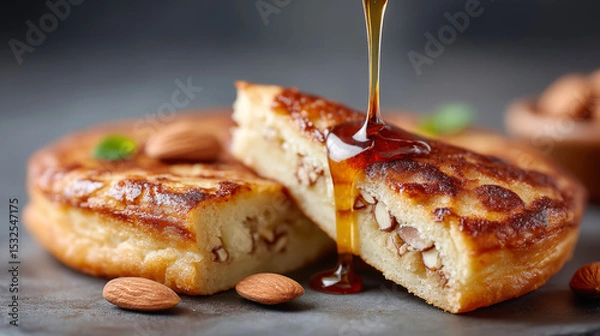 Fototapeta Delicious korean hoddeok sweet pancake with nuts and drizzled syrup