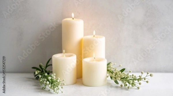 Fototapeta Serene Candles: A cluster of elegant candles emit a warm, inviting glow, enhanced by the delicate touch of surrounding greenery and natural textures. 