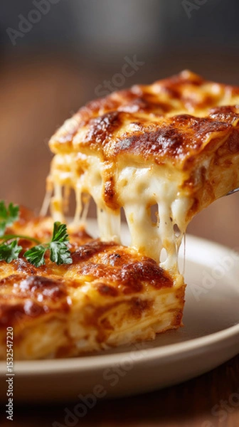 Fototapeta Satisfying lasagna slice lift with mouthwatering cheese stretch for culinary delight