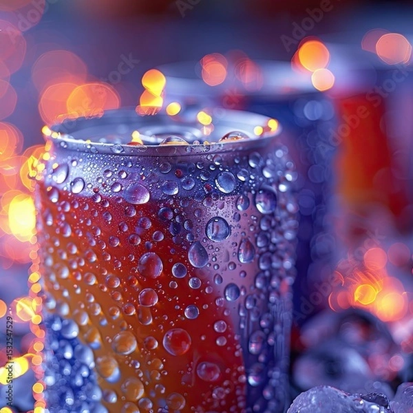 Obraz Close-up View of Condensation on a Cold Soda Can Surrounded by Ice Generative AI