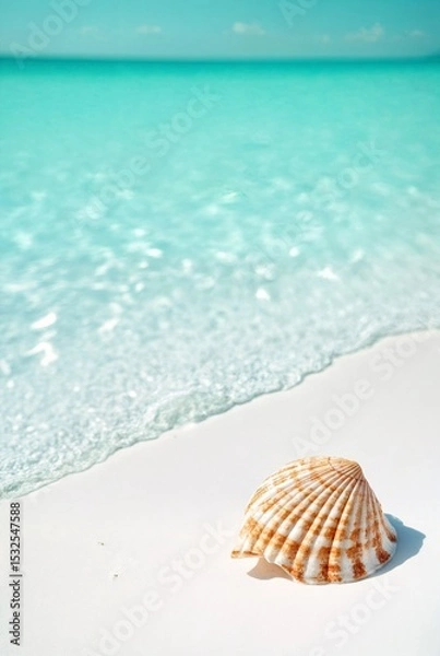 Fototapeta Seashell on Shores: A close-up of a seashell rests gracefully on a sun-kissed shore. Capturing the tranquility of coastal paradise, the clear turquoise waters gently caress the shoreline.