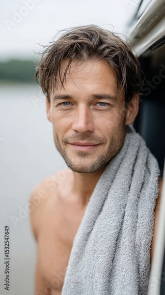 Fototapeta Man with wet hair drying off with towel next to camper by lakeside