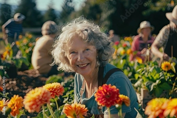 Obraz Joyful Senior Woman Gardening With Friends in a Community Space on a Bright Morning Generative AI