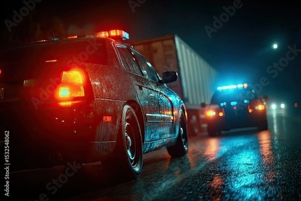 Obraz Police Cruiser Assists Semi-Truck Driver on Highway at Night After Accident Generative AI
