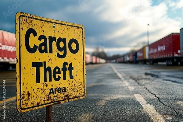 Obraz Caution Sign Warning of Cargo Theft Area Near Truck Stop Parking Lot Generative AI