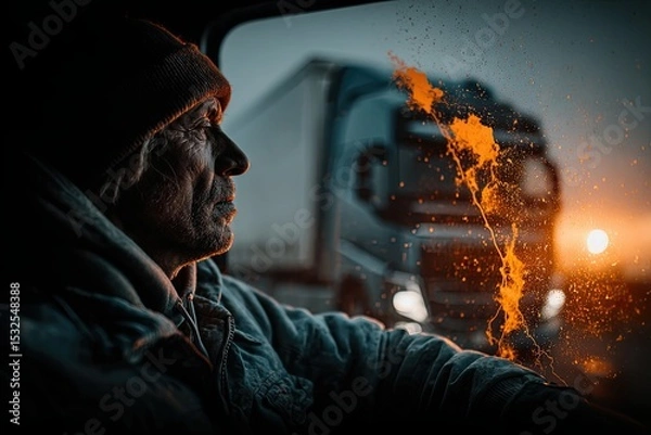Obraz Truck Driver Stretches at Dawn and Navigates Route With GPS Technology Generative AI