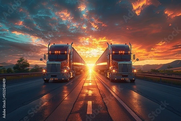 Obraz Three Shining 18-wheelers Cruising on a Golden Sunset Highway Generative AI