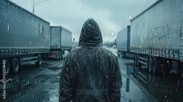 Obraz Thief in Hoodie Caught by Security Camera Near Parked Semi Trailers at Rest Area Generative AI