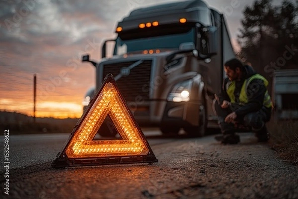 Obraz Truck Driver Places Emergency Reflective Triangle on Rural Highway at Sunset Generative AI